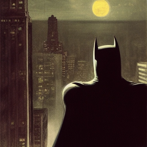 14147-3087912003-batman looking down on Gotham on the roof of a skyscraper,  realism, Thomas Eakins, dark, moody, night, moonlit.webp